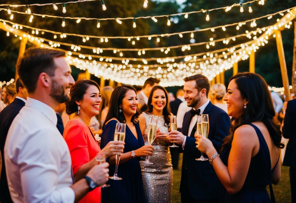 Guests mingle under a canopy of twinkling lights, sipping champagne and laughing in the warm glow of the evening