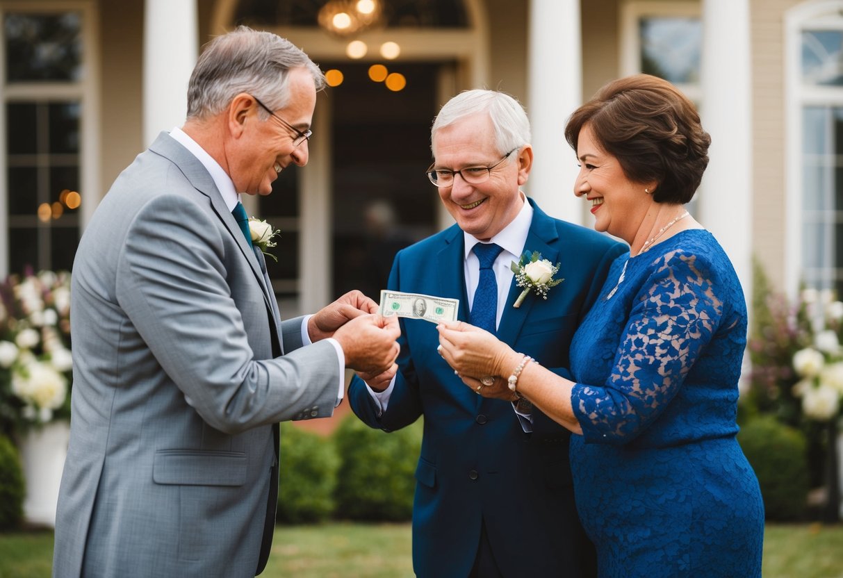 Two sets of parents exchanging money in front of a wedding venue