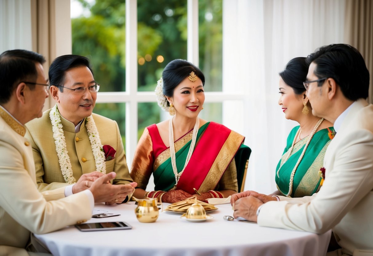 A traditional and modern wedding scene with parents discussing financial contributions