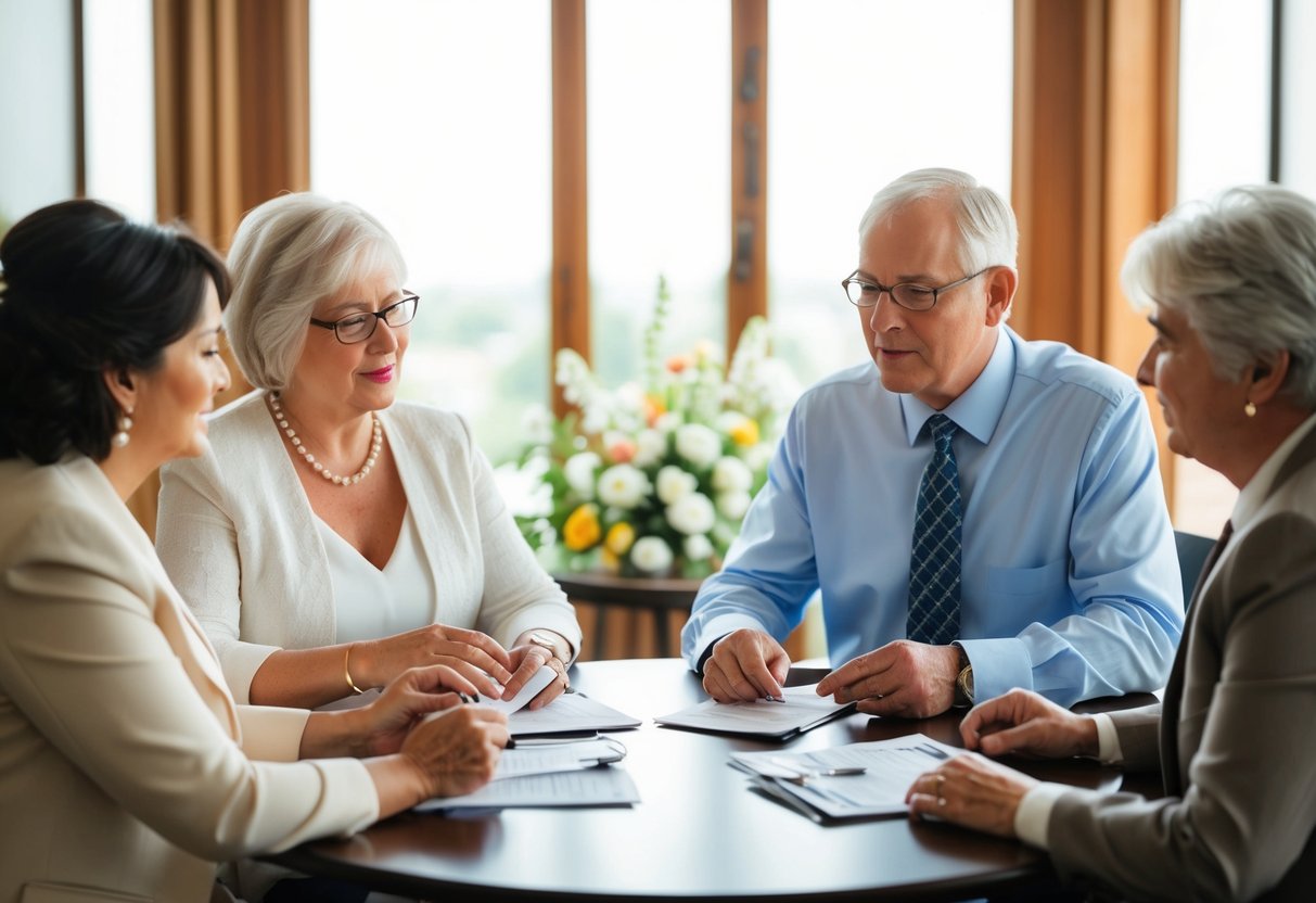 A table with two sets of parents discussing wedding finances