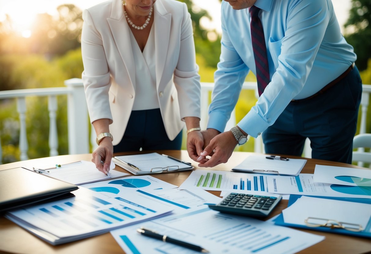Both sets of parents discussing wedding expenses at a table with wedding planning materials and financial documents spread out