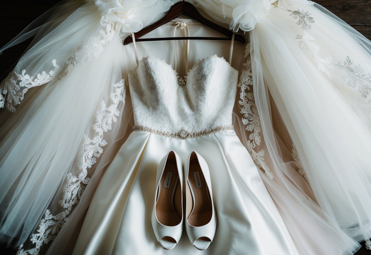 A bride's white wedding dress hung on a hanger, surrounded by delicate lace and tulle fabric. A pair of white heels sat neatly beside it