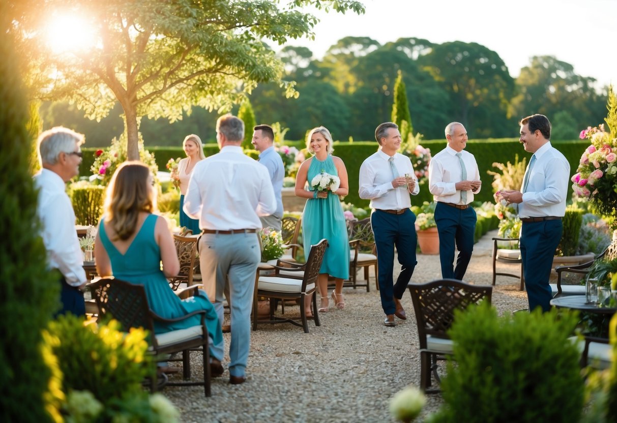 Guests mill about a serene garden, chatting and admiring the scenery. The sun casts a warm glow over the outdoor seating and floral decorations