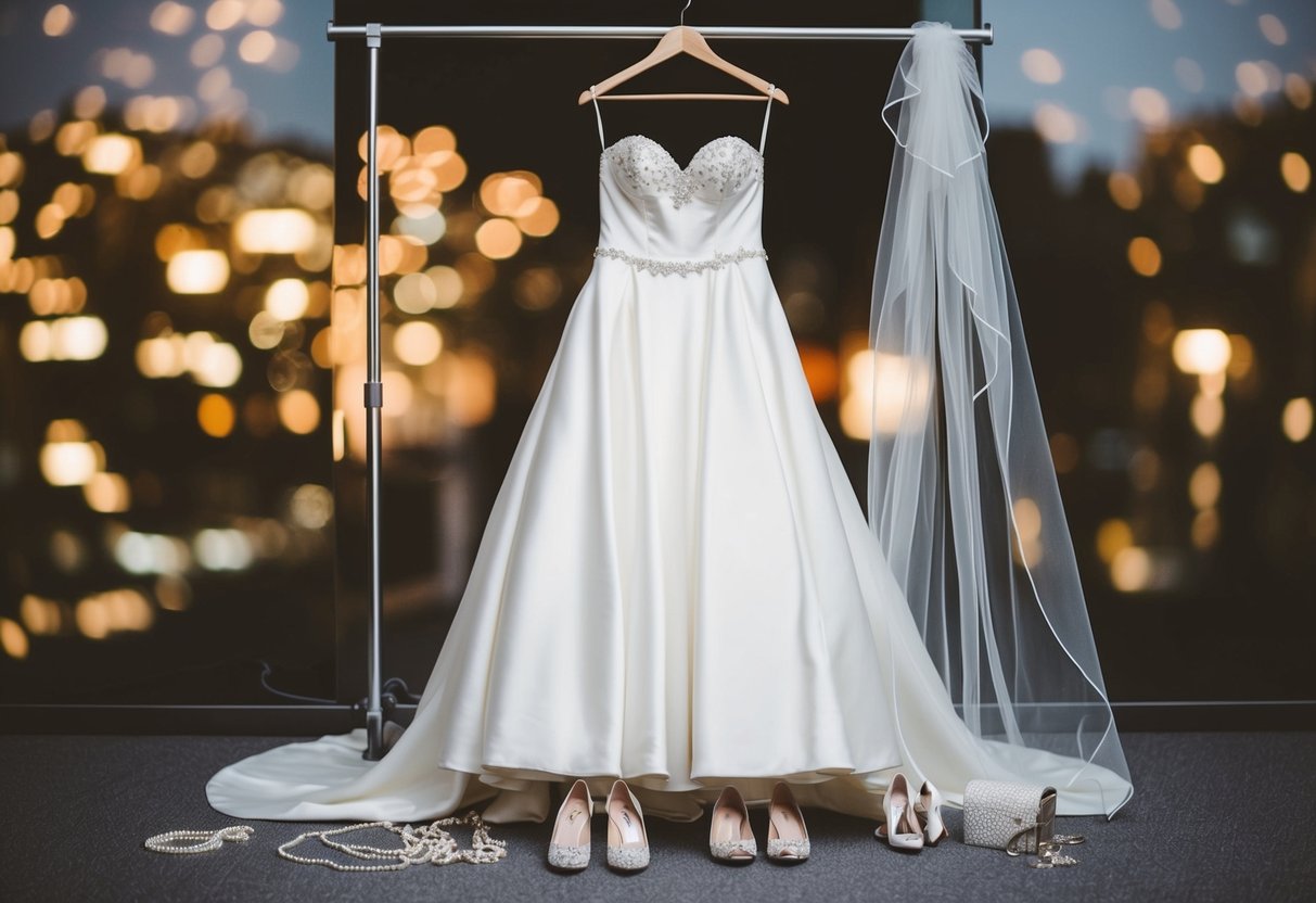 A bride's wedding dress hung on a hanger, surrounded by shoes, jewelry, and a veil, ready for the reception