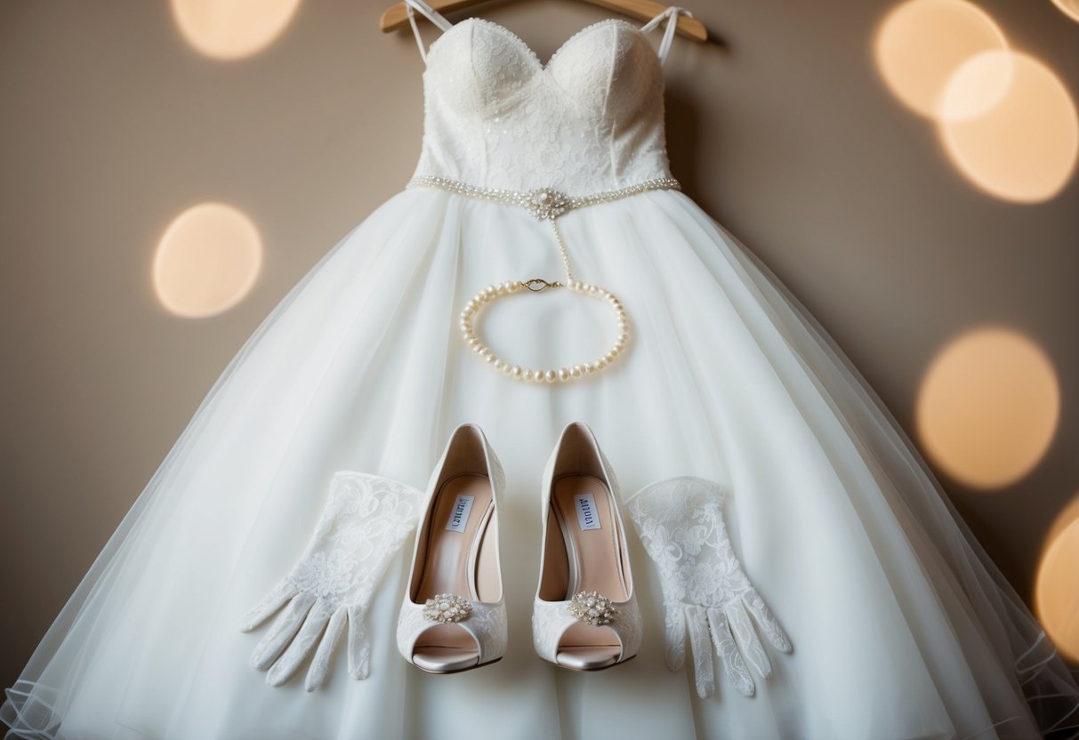 A bride's white wedding dress hung on a hanger, surrounded by delicate lace gloves, a pearl necklace, and a pair of elegant heels
