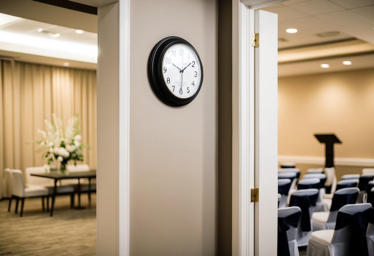 A clock on a wall between a reception area and a ceremony space, with a clear indication of the time gap between the two events