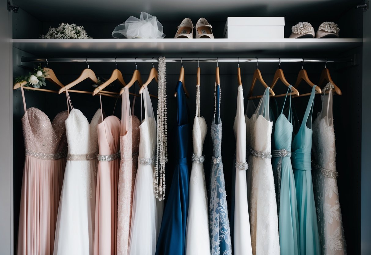 A closet with a variety of elegant dresses and accessories, including veils, jewelry, and shoes, arranged neatly on hangers and shelves