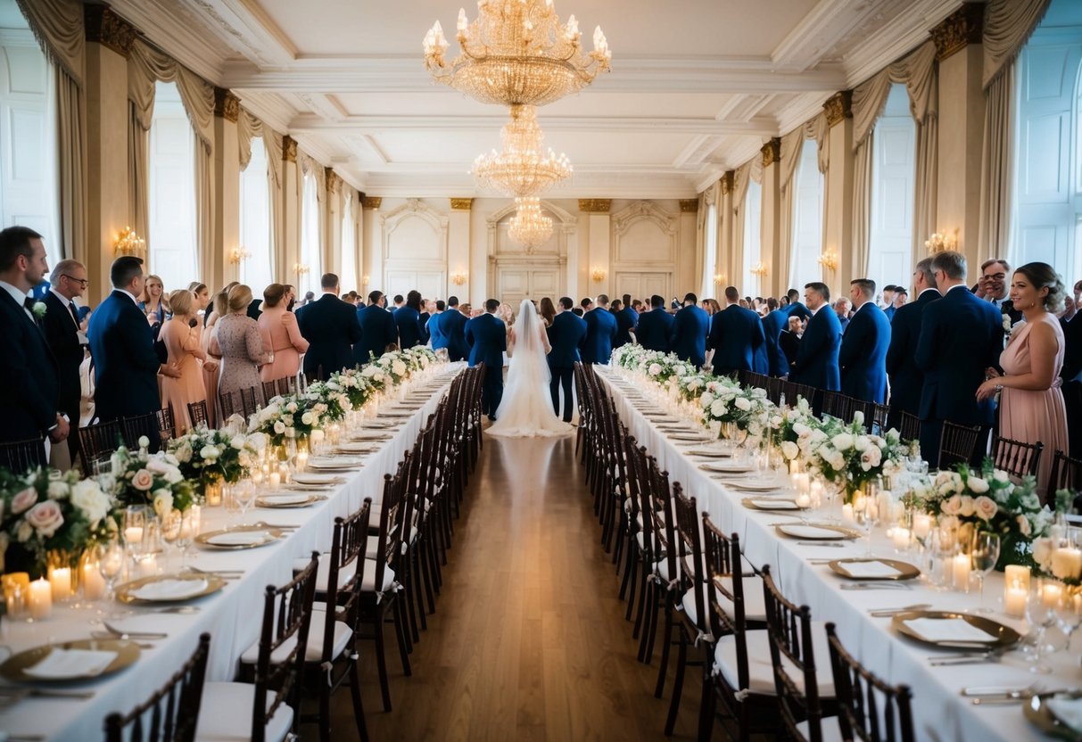 A grand hall with 60 elegantly set tables, adorned with flowers and candles, awaits the arrival of wedding guests
