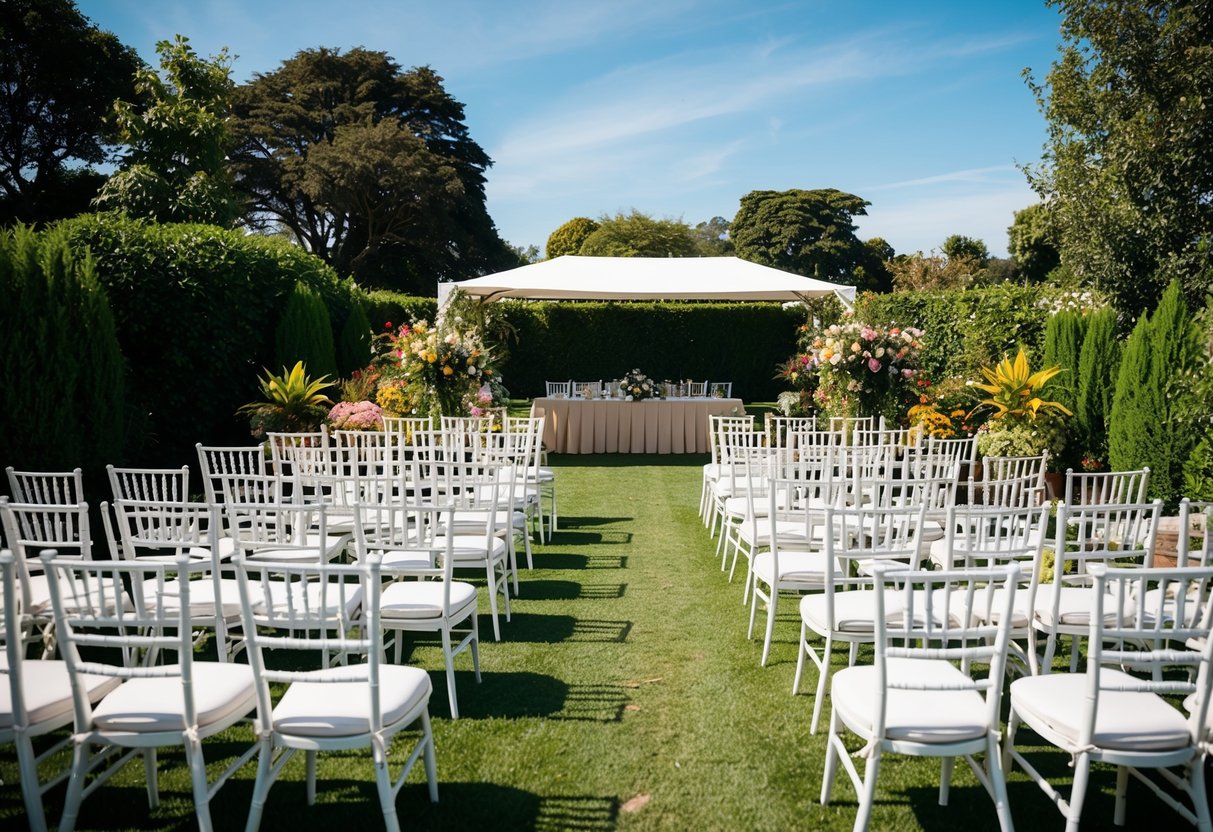 A cozy outdoor wedding venue with 60 chairs arranged in neat rows, surrounded by lush greenery and colorful flowers under a clear blue sky