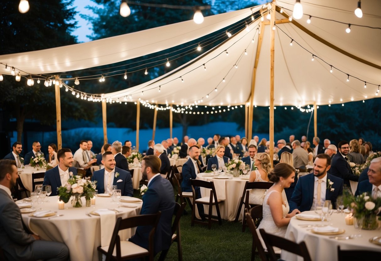 A cozy outdoor wedding with 60 guests seated at round tables under a canopy, surrounded by string lights and simple floral centerpieces