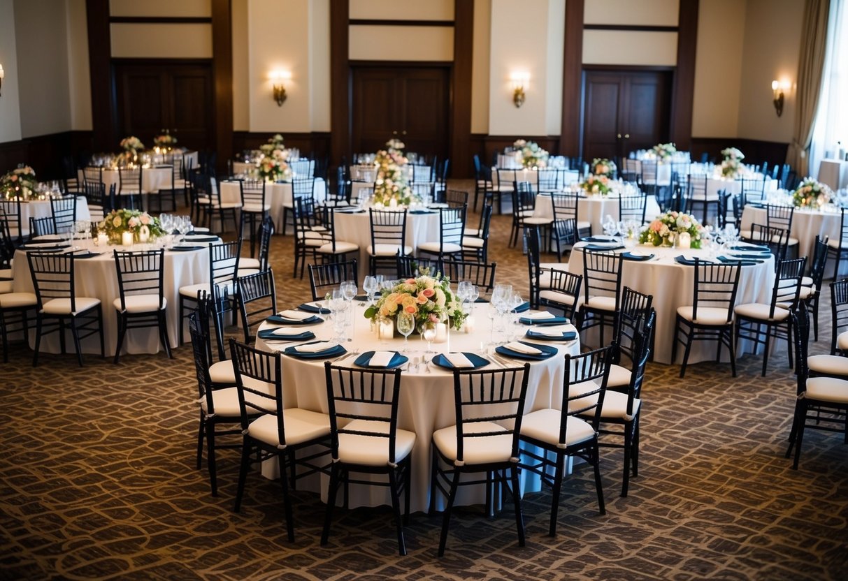 A grand banquet hall with 150 empty chairs arranged in neat rows, adorned with elegant place settings and floral centerpieces