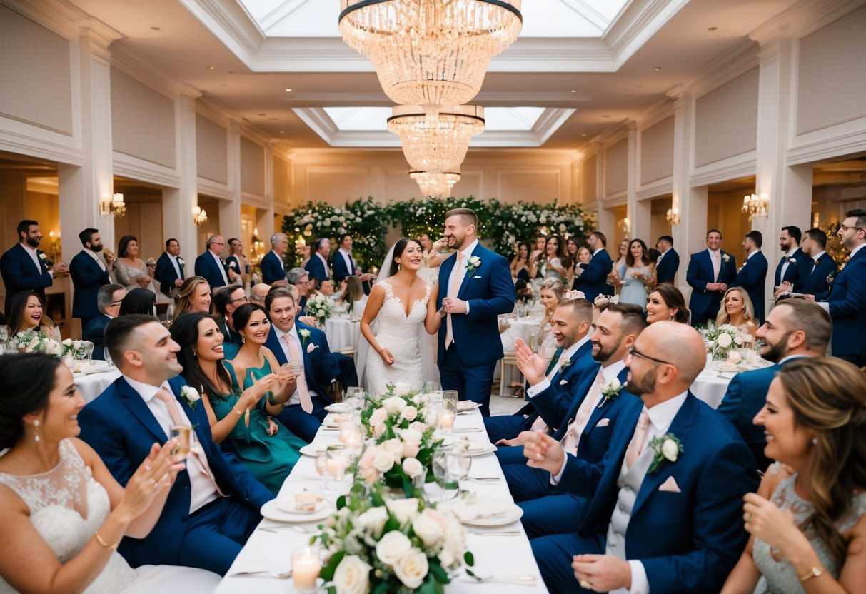 A beautifully decorated wedding venue with 60 guests enjoying the festivities, surrounded by elegant decor and a joyful atmosphere
