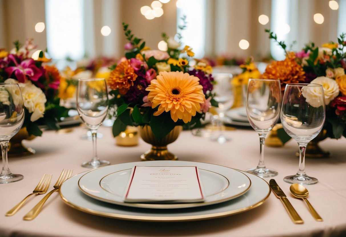 A table set with elegant place settings, surrounded by colorful flowers and soft lighting
