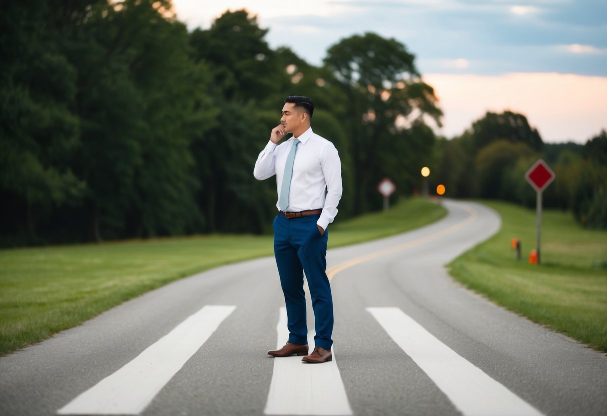 A person standing at a crossroads, one path leading to a wedding reception and the other path leading away, with a thoughtful expression on their face