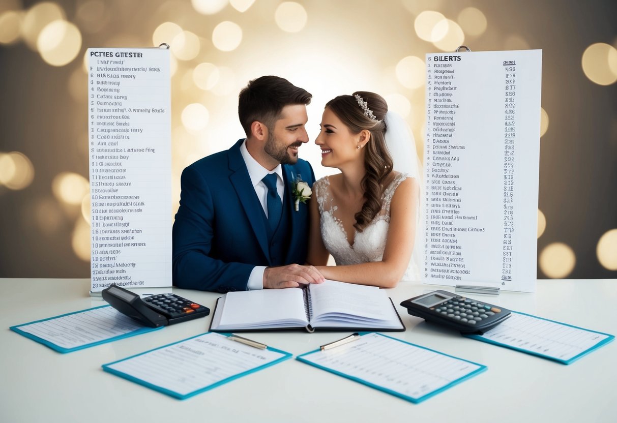 A couple sits at a table with a wedding planning book and a calculator, surrounded by lists of potential guests and their respective numbers