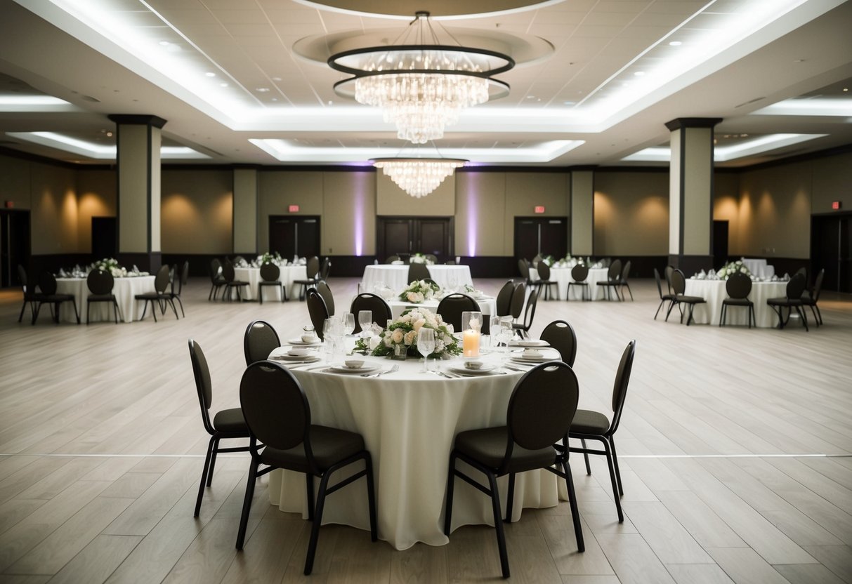 Empty wedding reception hall with untouched food and drinks, abandoned dance floor, and unoccupied tables with chairs