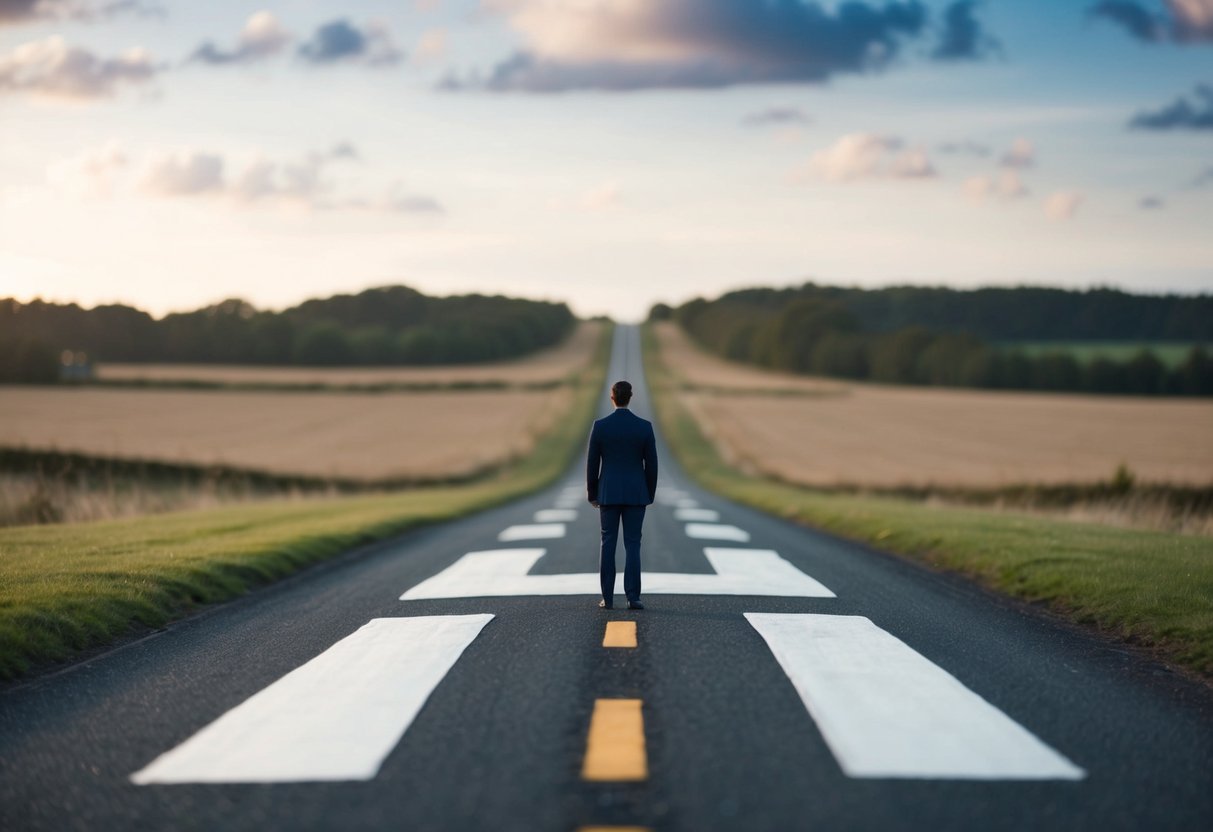 A lone figure stands at a crossroads, one path leading to a wedding reception, the other disappearing into the distance