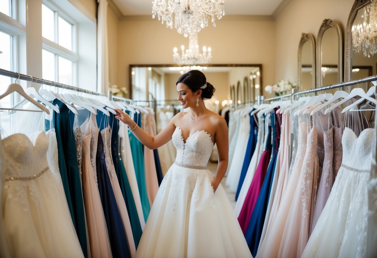 A bride-to-be browsing through racks of wedding dresses in a boutique, surrounded by elegant gowns and mirrors