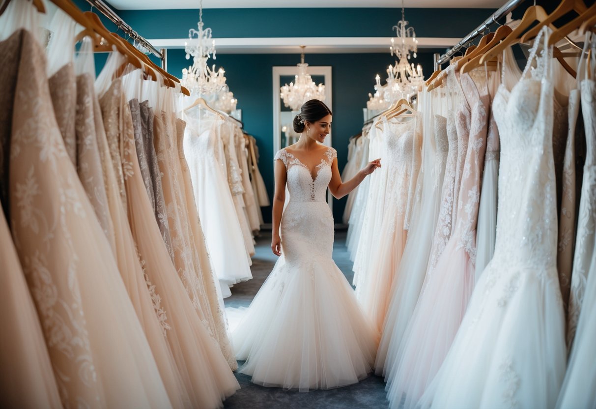 A bride-to-be browsing through a selection of elegant wedding dresses in a luxurious bridal boutique, surrounded by racks of intricate lace and flowing tulle