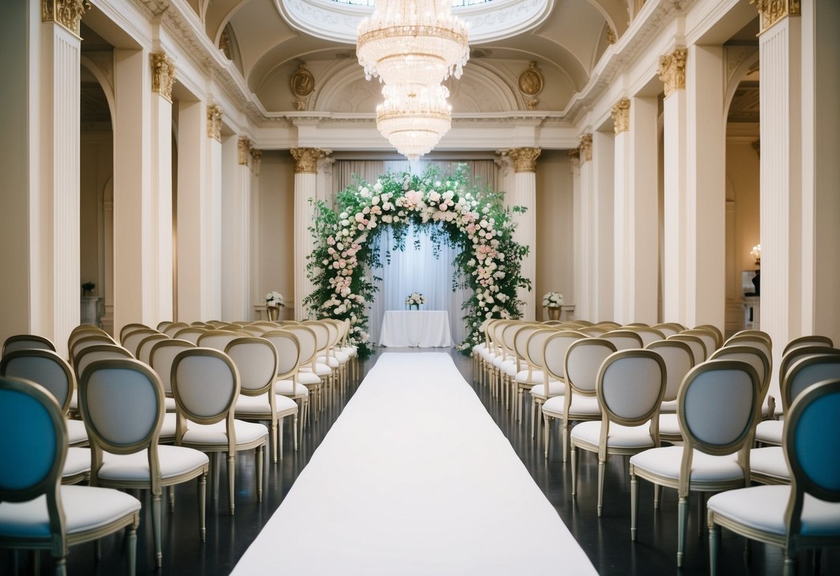 A grand, ornate venue filled with rows of elegant chairs, a towering floral arch, and a long, pristine aisle