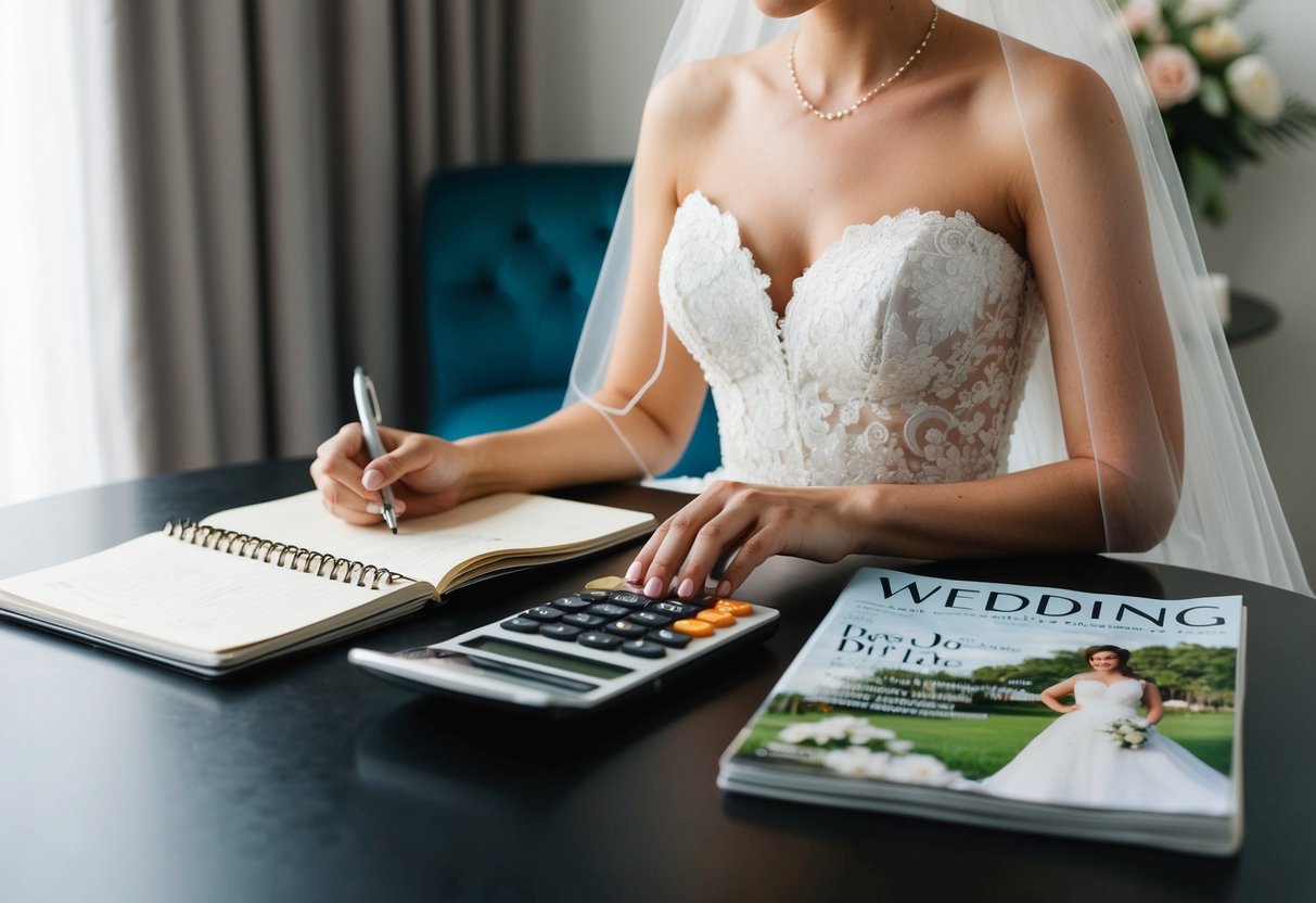 A bride-to-be sits at a table with a notebook, calculator, and wedding magazines, carefully budgeting for her wedding dress