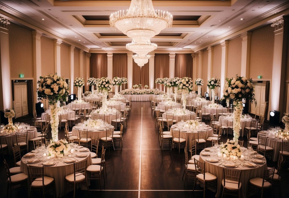A grand ballroom filled with rows of elegantly decorated tables, surrounded by a large dance floor and towering floral centerpieces