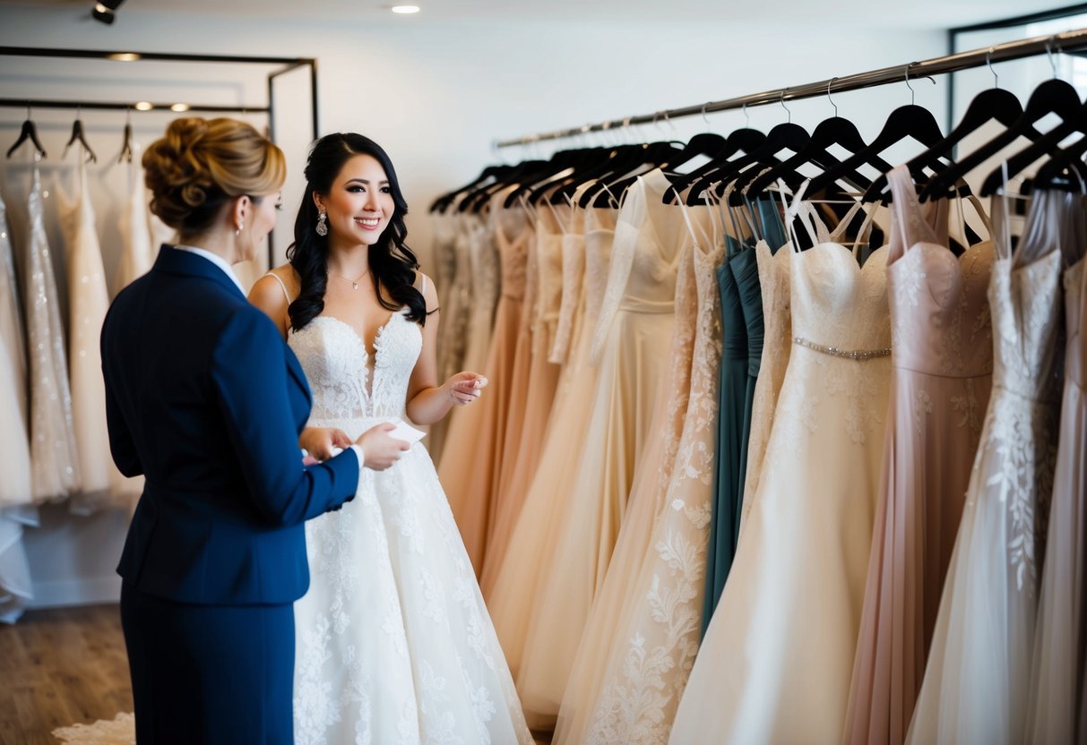 A bride-to-be browsing through racks of wedding dresses in a boutique, discussing customization options with a salesperson