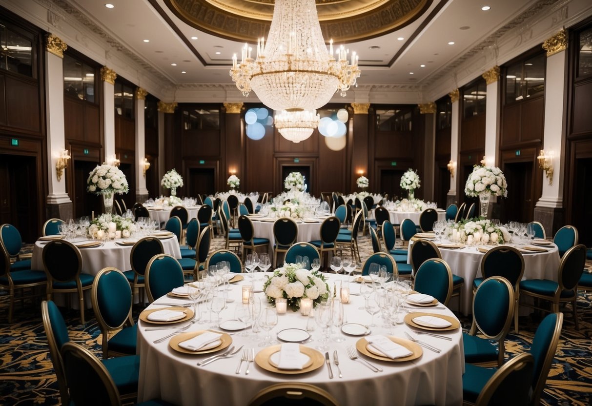 A grand banquet hall with lavish decor, filled with round tables adorned with elegant centerpieces and surrounded by opulent chairs