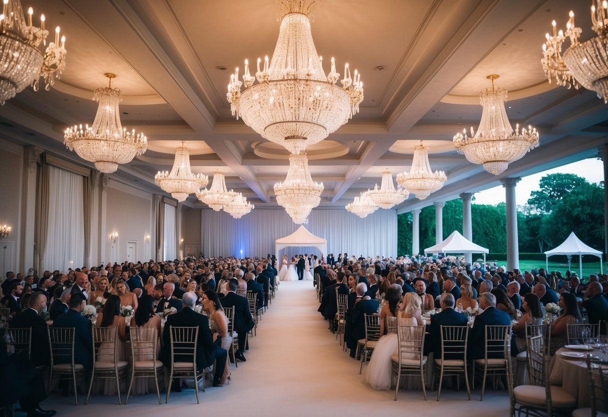 A grand ballroom with elegant chandeliers and ample seating for hundreds of guests. A spacious outdoor garden with a gazebo and room for a large tent for a big wedding