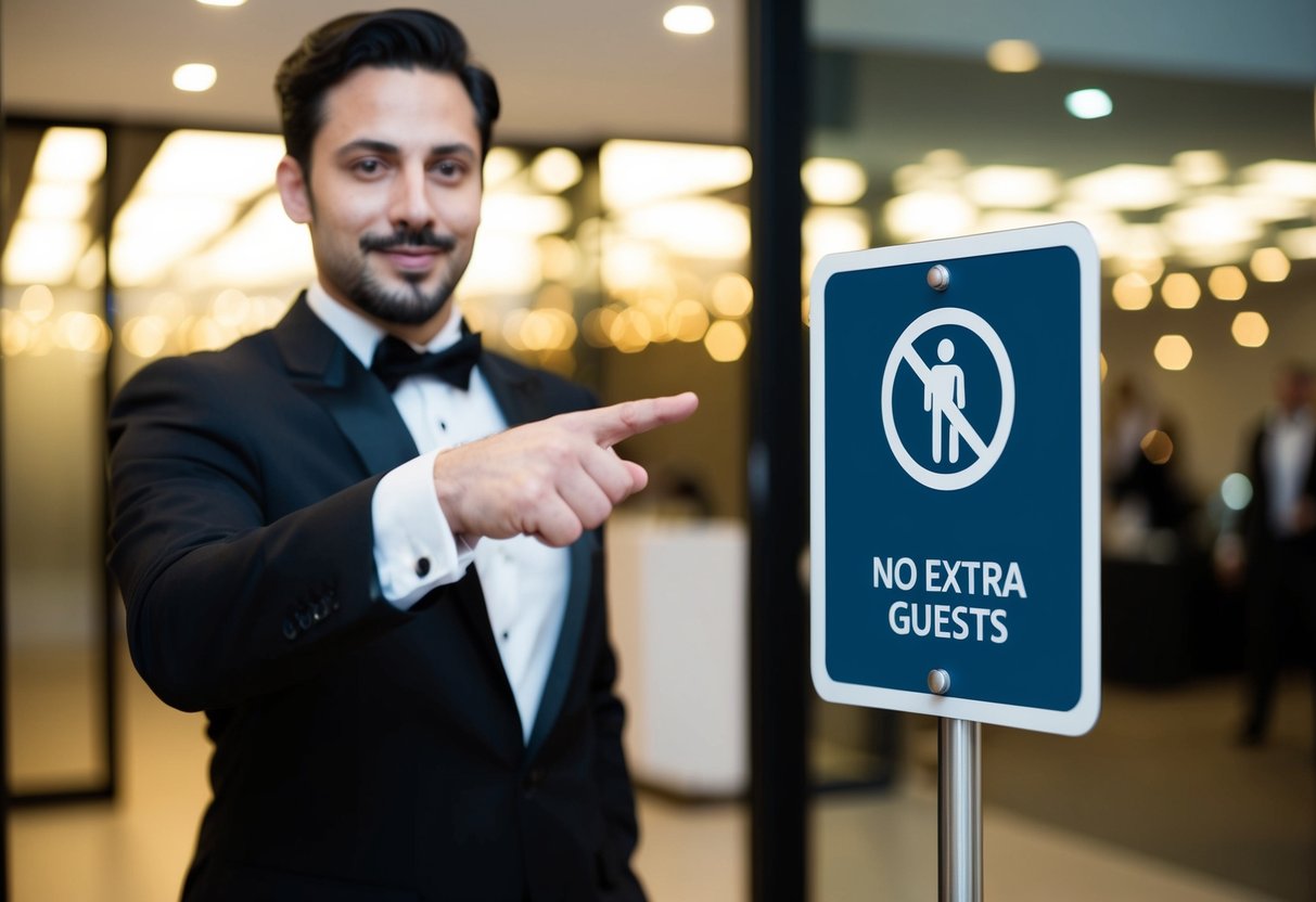 A host pointing to a sign with a clear "No extra guests" icon at the entrance