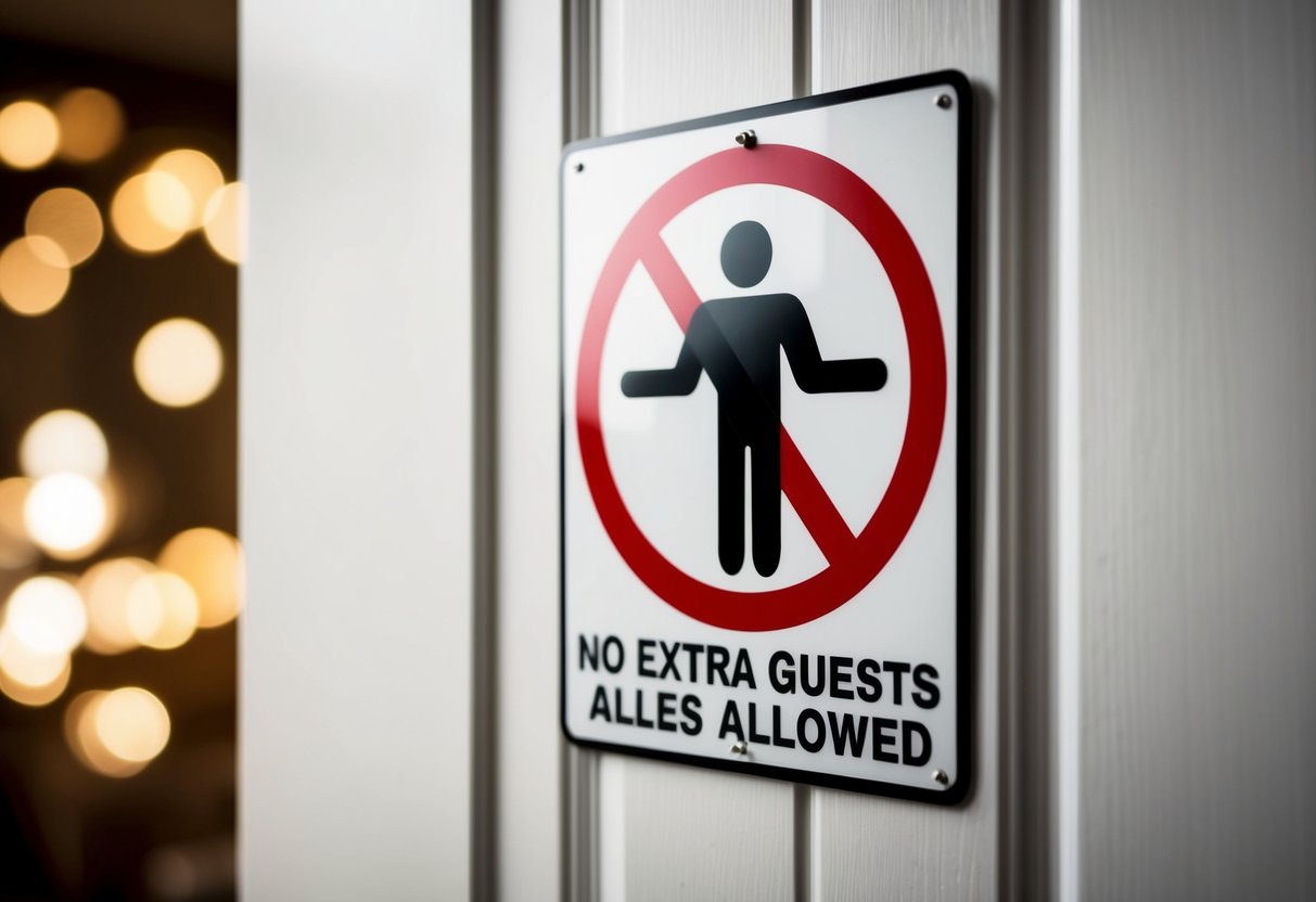 A sign on a door with a crossed-out figure and a plus sign, indicating no extra guests allowed
