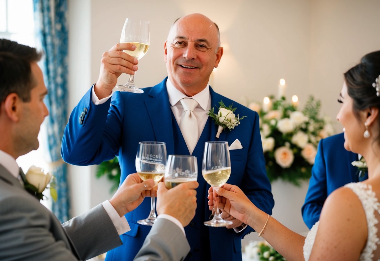 The father of the groom raises his glass in a toast, sharing heartfelt words of wisdom and love for the newlyweds