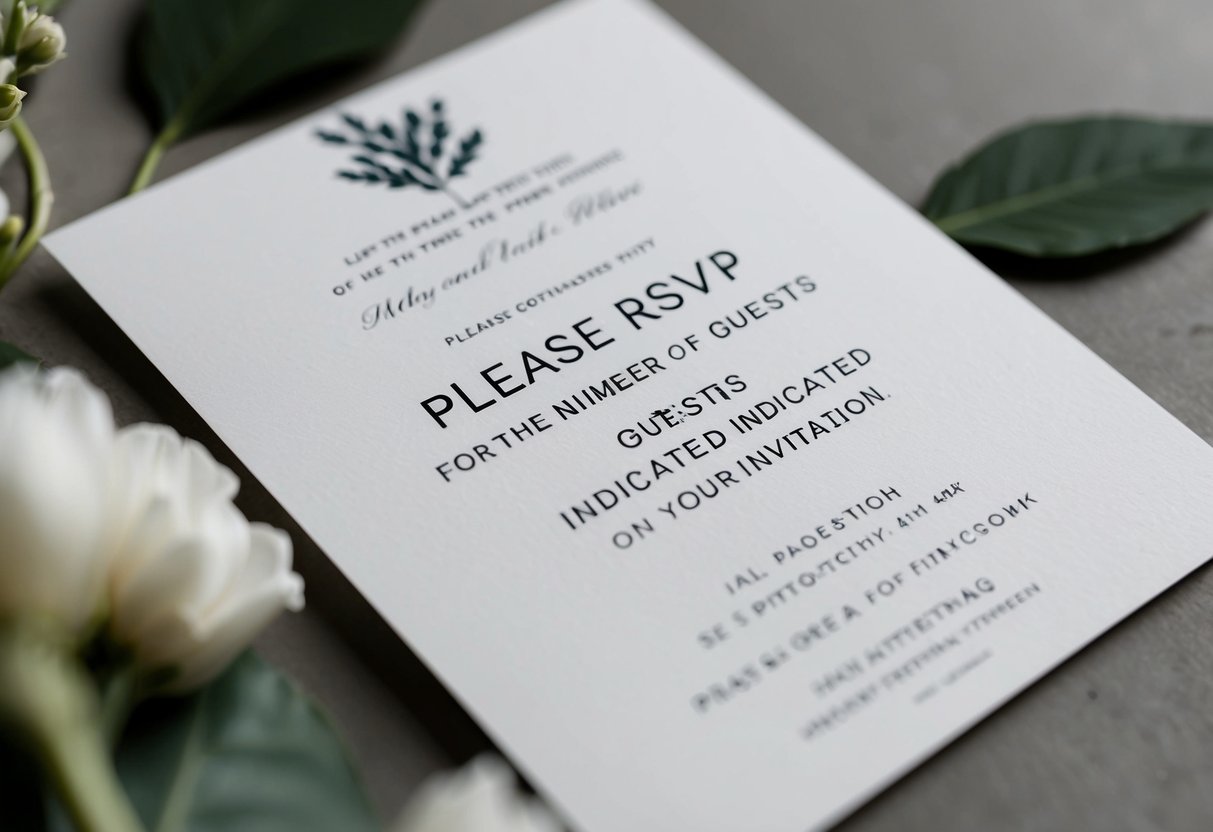 A wedding invitation with a clear note stating "Please RSVP for the number of guests indicated on your invitation."