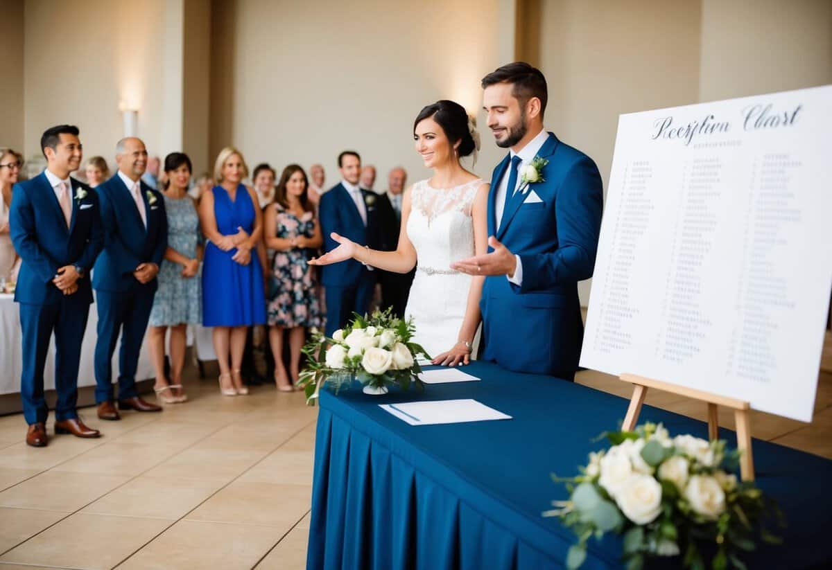 A couple stands at a reception desk, gesturing towards a seating chart. A line of guests waits patiently, as the couple politely explains the limited guest list