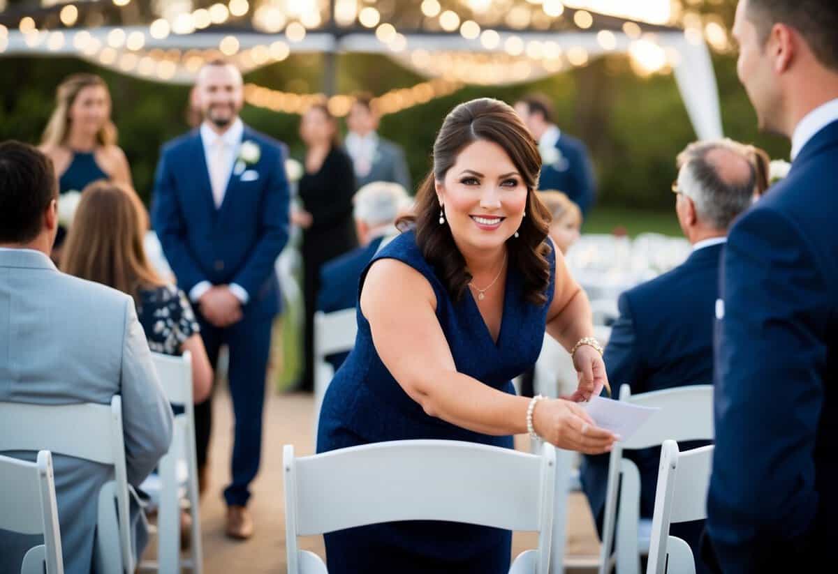 A wedding coordinator directing guests towards designated seating areas with a friendly smile