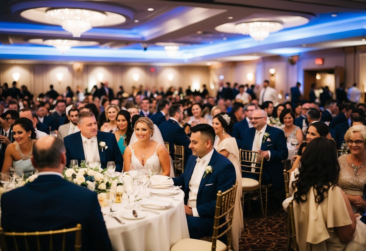 A crowded wedding venue with filled seats and bustling activity