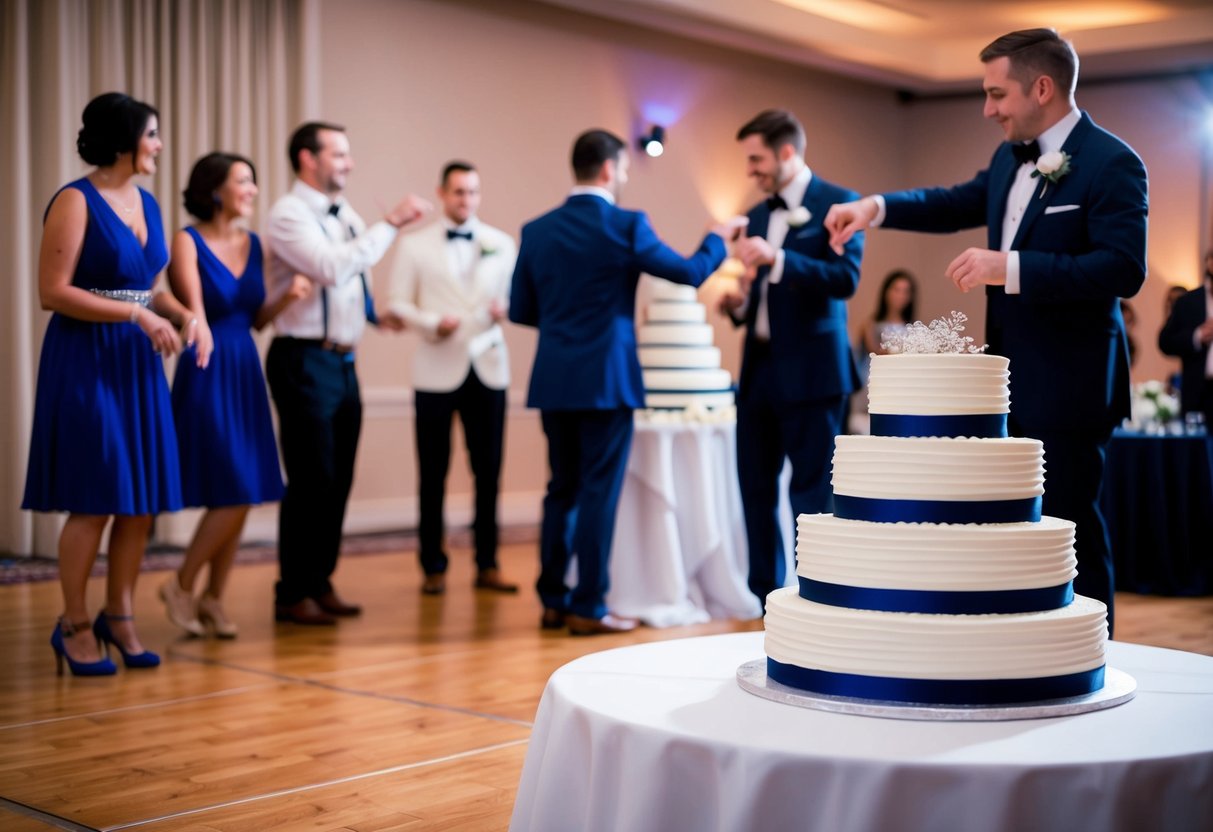A tiered cake sits on a table next to a dance floor. Guests stand nearby, debating whether to cut the cake or begin the first dance