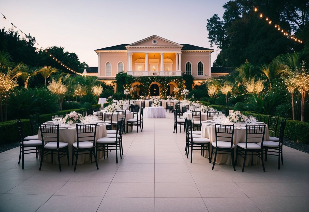A grand wedding venue with empty chairs and tables set for a large gathering, surrounded by lush gardens and twinkling lights