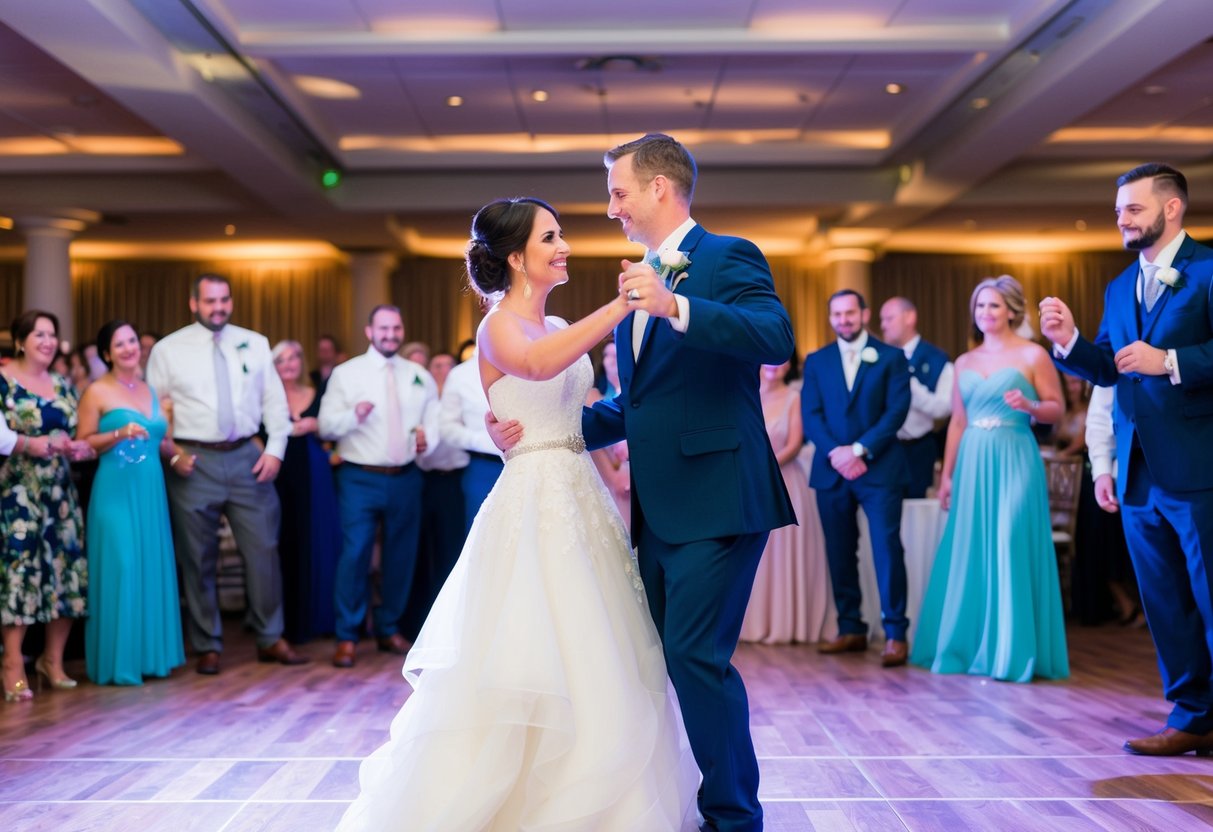 A couple stands at the center of the dance floor, surrounded by guests. The bride holds a knife, while the groom extends his hand for the first dance