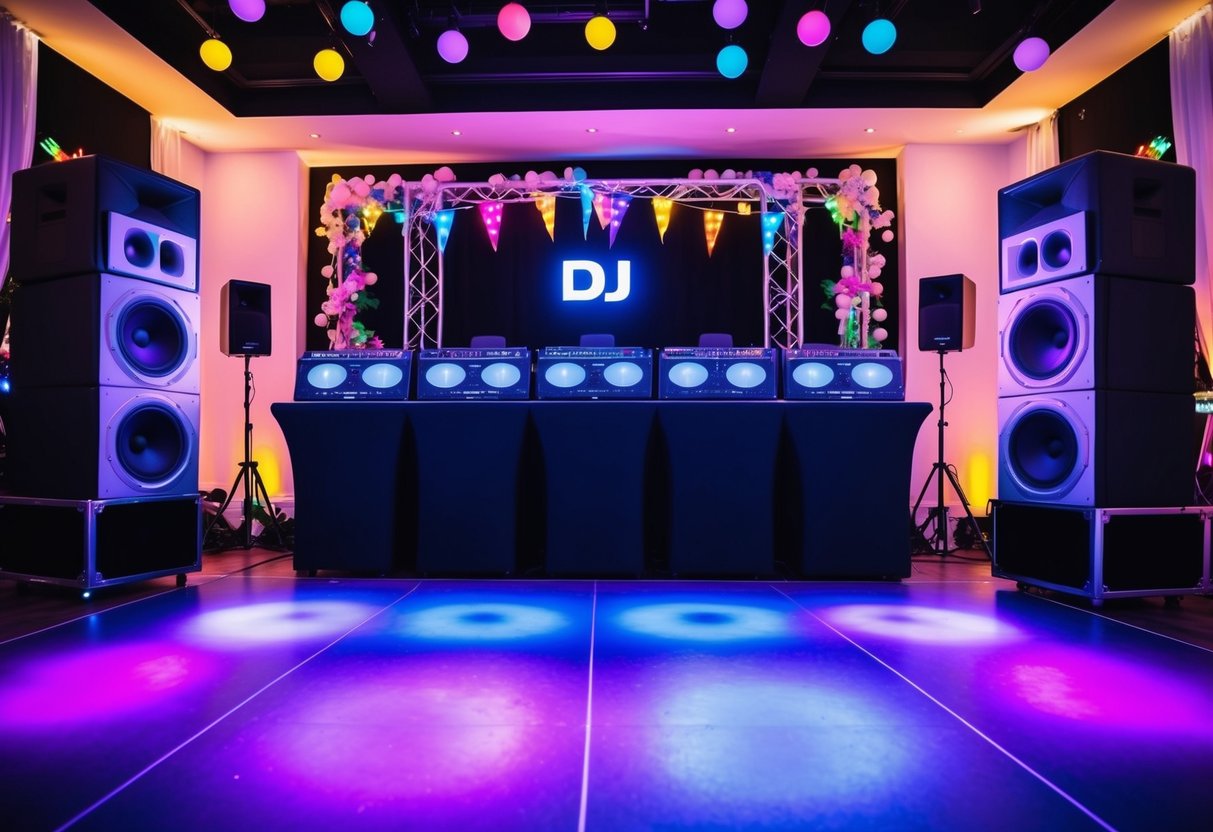 A DJ booth with speakers and a dance floor, surrounded by colorful lights and decorations