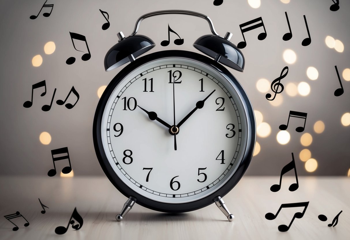 A clock showing 4 hours with musical notes floating around, representing the ideal number of songs for a reception