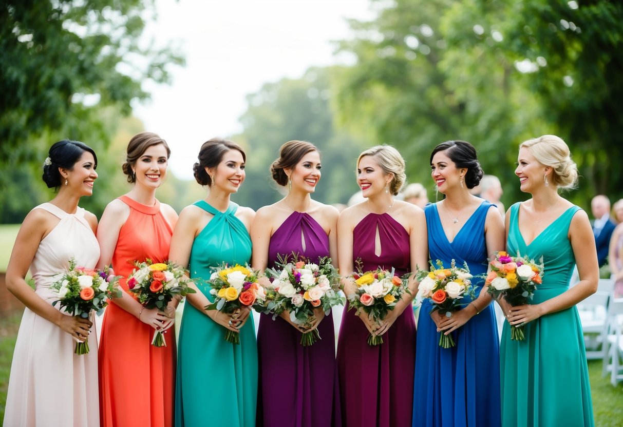 Seven bridesmaids in colorful dresses stand in a row, holding bouquets, smiling and chatting as they wait for the ceremony to begin