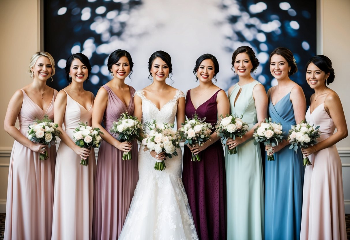 Seven bridesmaids in various dresses stand in a line, holding bouquets and smiling. They are positioned in front of a beautiful backdrop, with the focus on their camaraderie and support for the bride