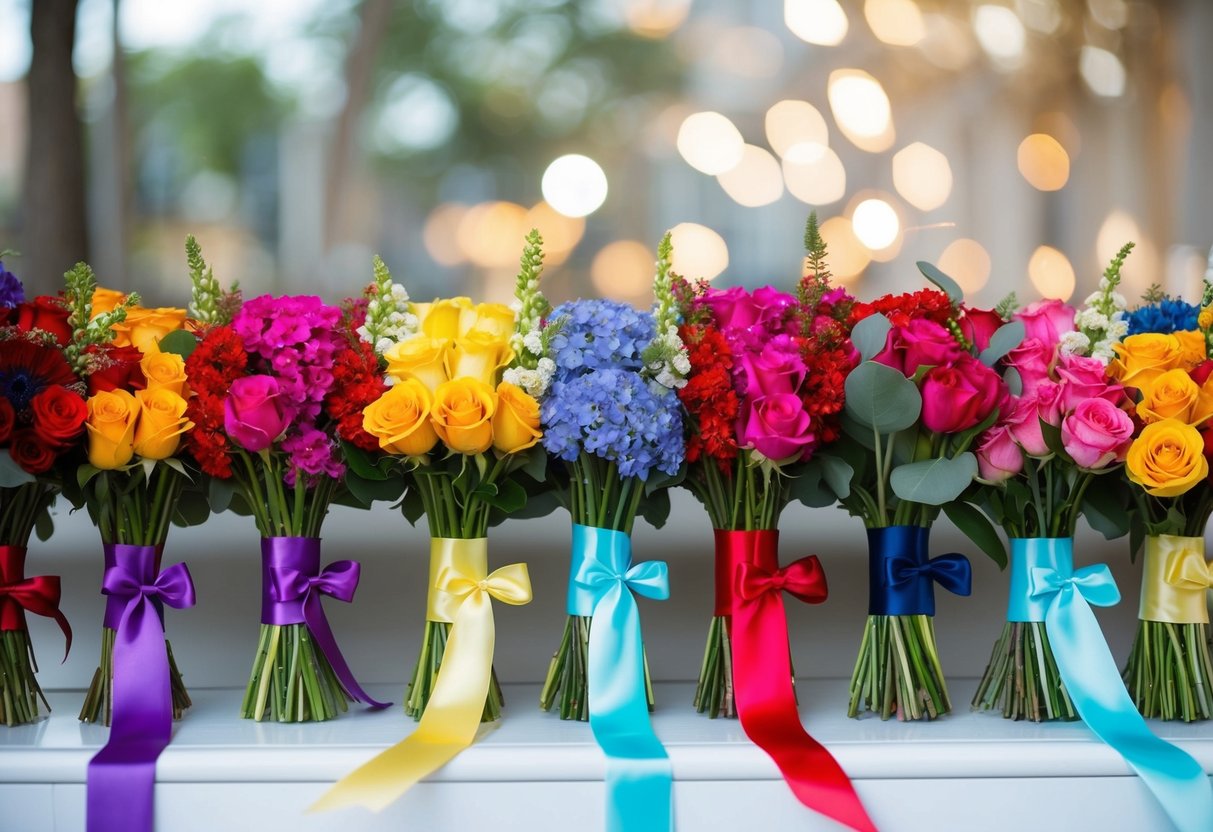 Seven colorful bouquets arranged in a row, each with a unique ribbon