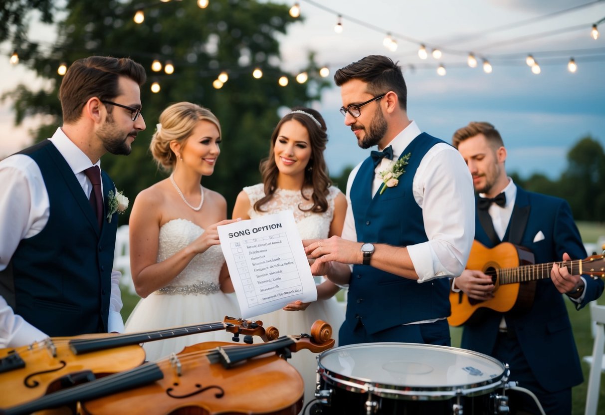 A couple discusses wedding music with a provider, surrounded by musical instruments and a list of song options for their 4-hour reception
