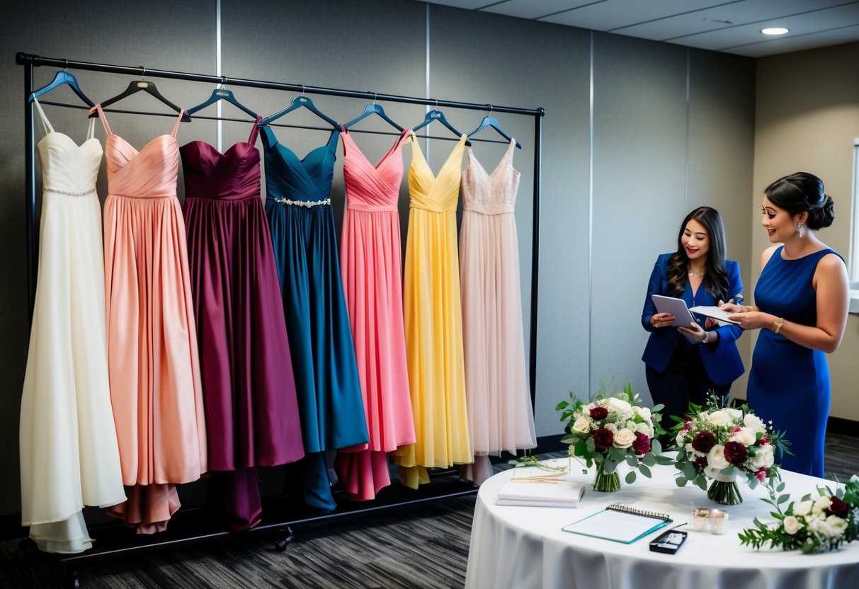 Seven bridesmaid dresses hung on a rack, each a different color and style. A table displayed bouquets and accessories, while a planner organized schedules and logistics
