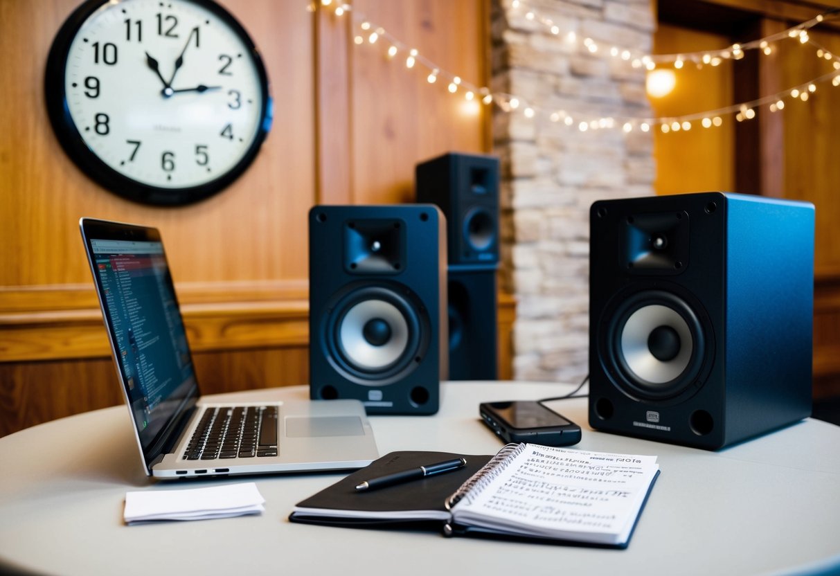 A table with a laptop, speakers, and a notebook filled with song titles. A clock on the wall shows the passage of time during a 4-hour reception