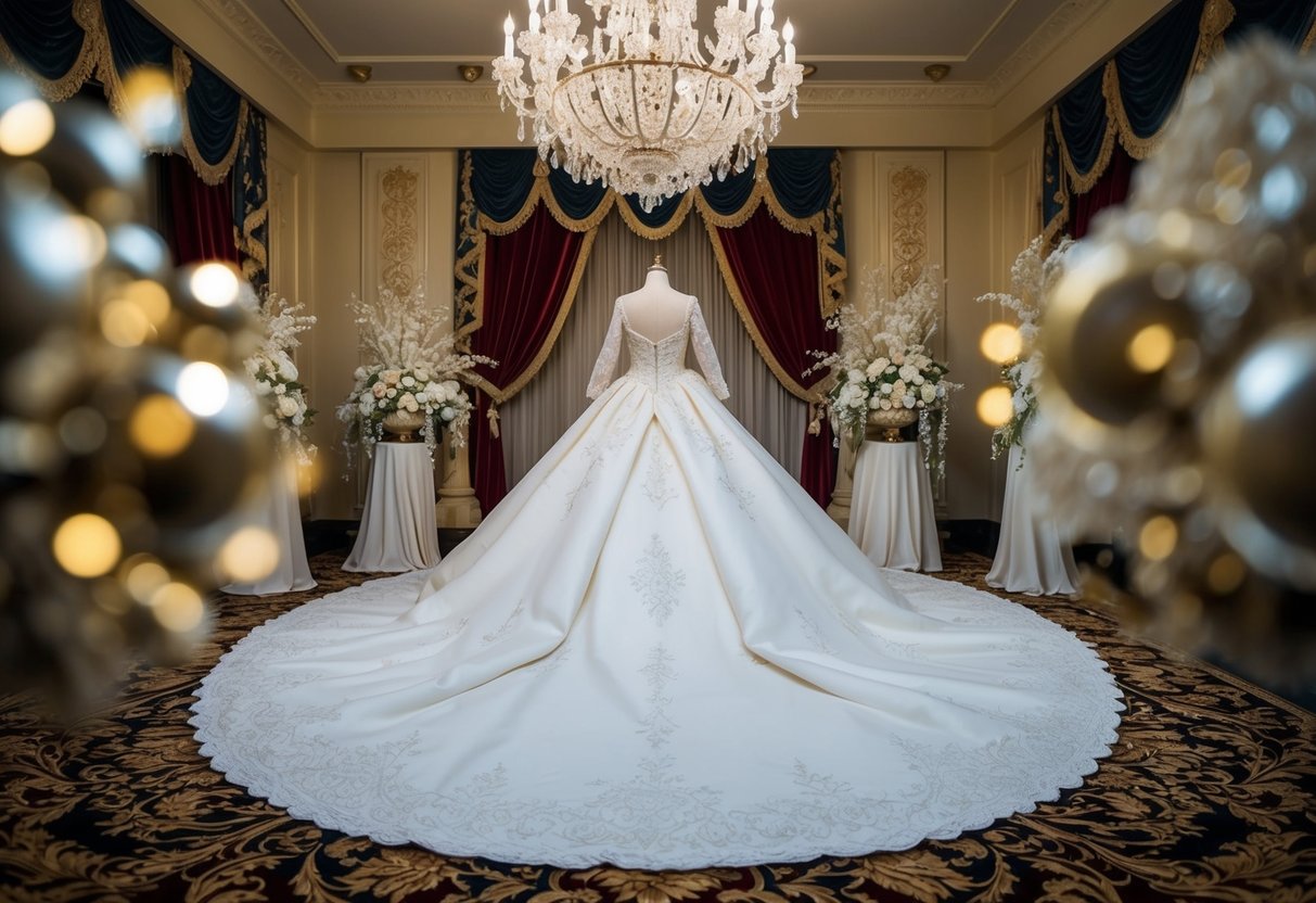 A grand royal wedding gown displayed in a luxurious setting, surrounded by opulent fabrics and intricate lace details