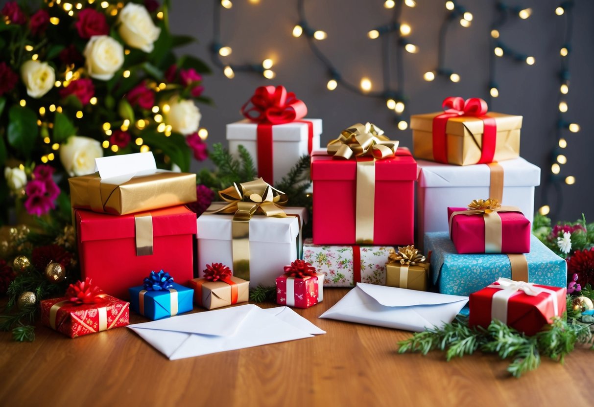 A beautifully decorated gift table with a variety of wrapped presents and envelopes, surrounded by floral arrangements and twinkling lights