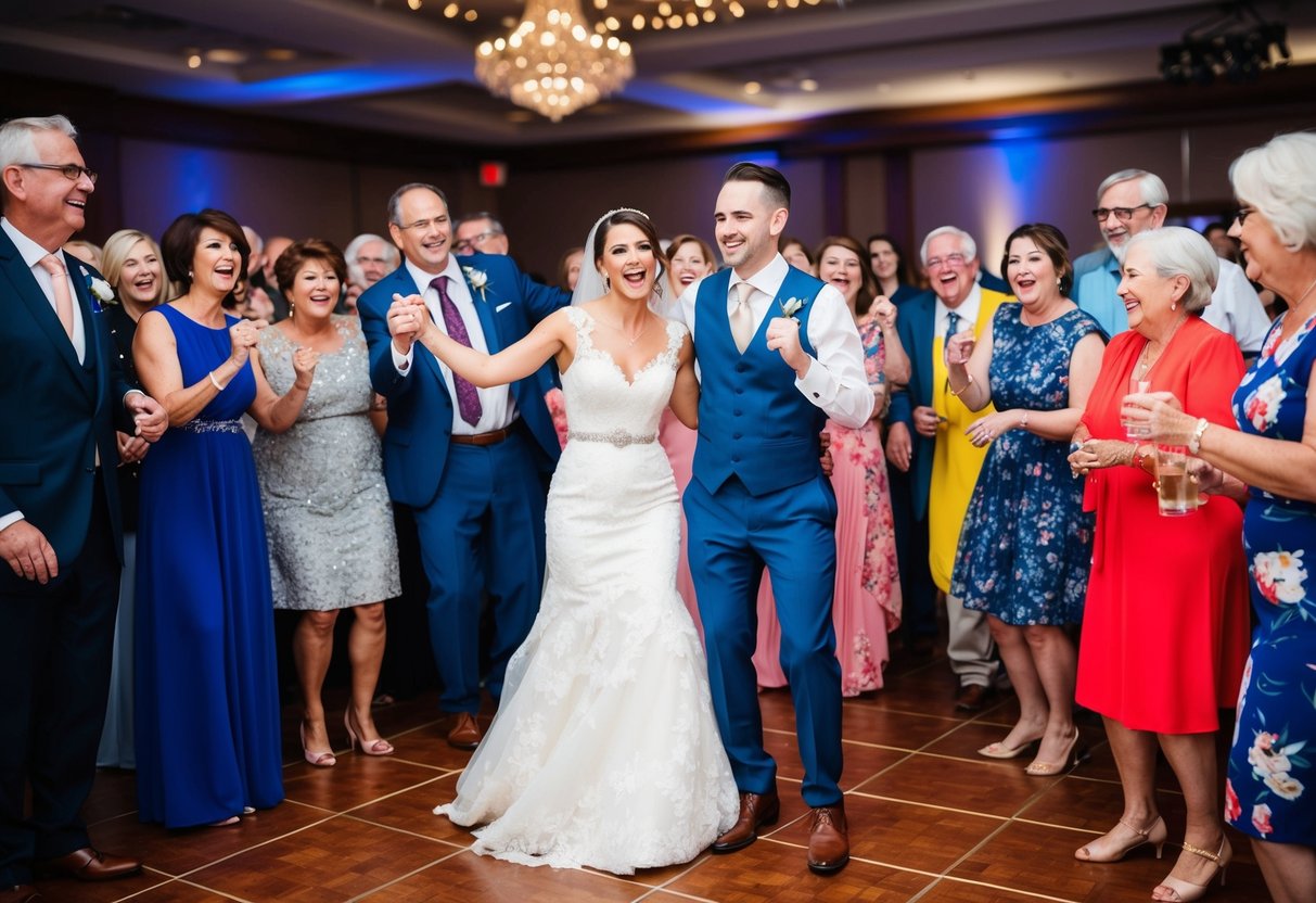 A bride and groom stand on the dance floor, surrounded by cheering guests. The parents look on with smiles, waiting for their turn to join the celebration